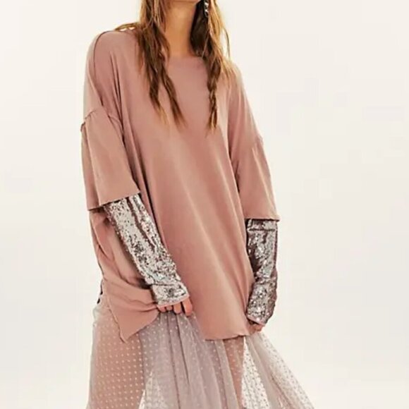 #205 NWT Free People Nellie Sequin Twofer in Pale Mauve Combo - Picture 1 of 5